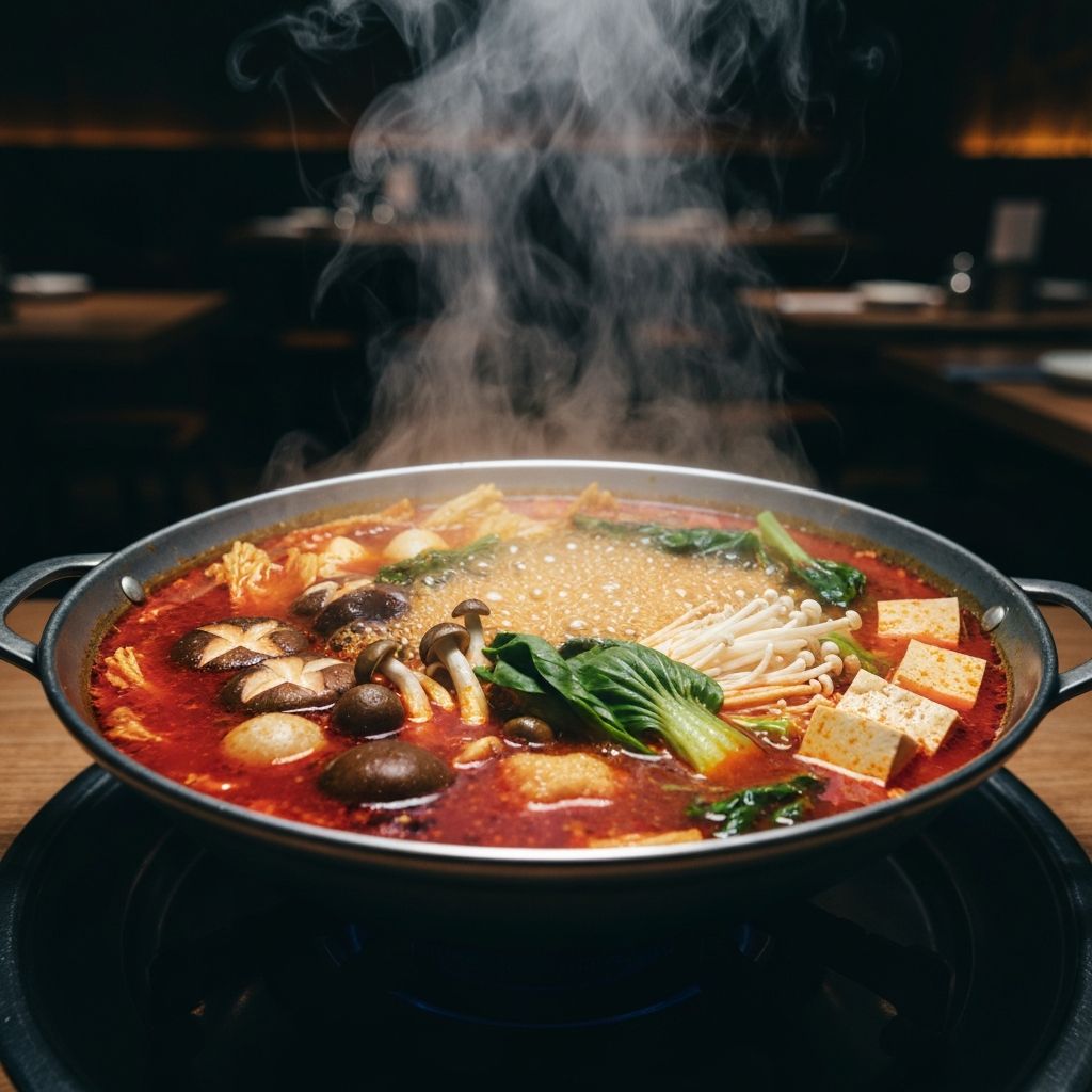 Steaming hotpot soup with vegetables and tofu in rich red broth