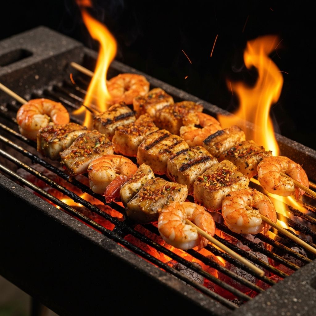 Grilled seafood skewers with prawns on charcoal grill with glowing embers