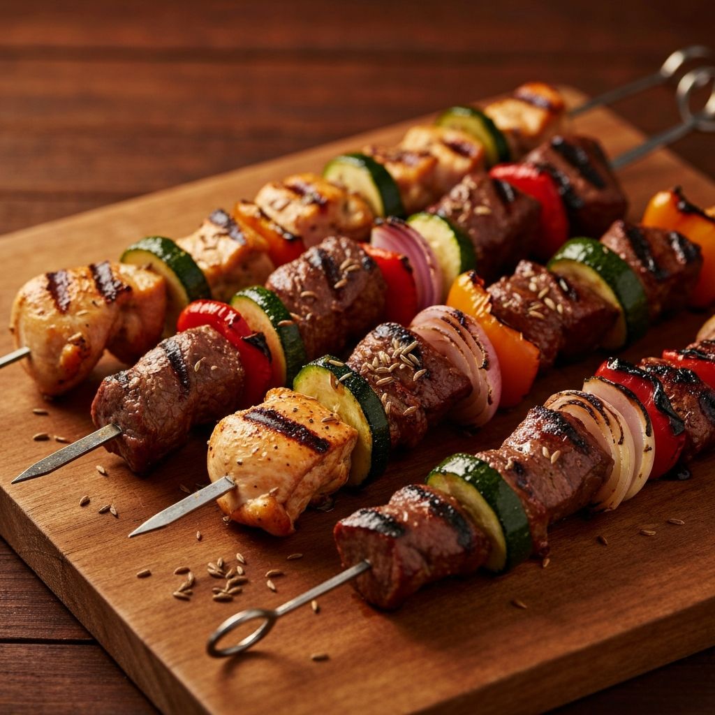 Assorted Xinjiang-style BBQ skewers of grilled meat on charcoal